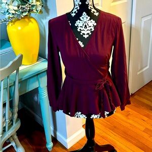 Ann Taylor LOFT V-Neck Tie Waist Wrap Top Size Small Plum Preserve Color